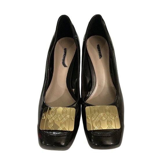 Merona womens size 5.5 Black Patent Leather Block Heel Pumps Gold Accent - Picture 1 of 7